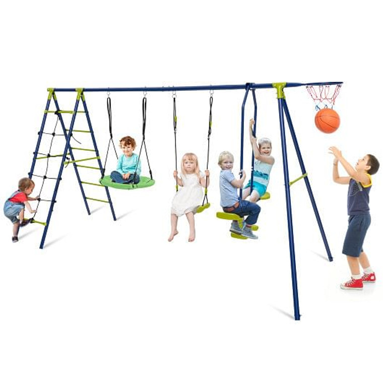 550 LBS 6-in-1 Patio Kids Swing Set with Climbing Net and Ladder-Green B593-NP11619 550 LBS 6-in-1 Patio Kids Swing Set with Climbing Net and Ladder-Green B593-NP11619