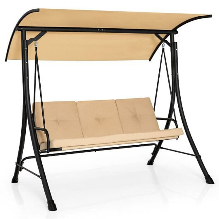 3-Seat Outdoor Porch Swing with Adjustable Canopy and Padded Cushions-Beige - Color: Beige D681-NP10693MS