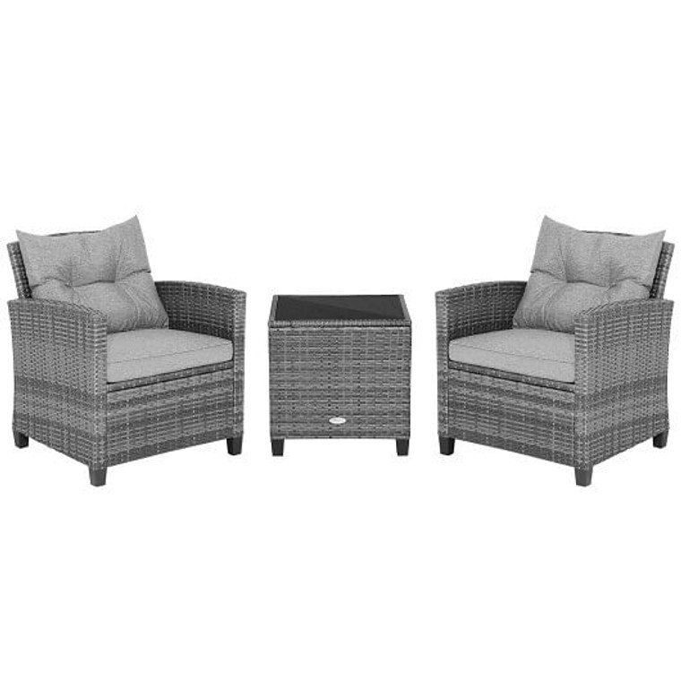 3 Pieces Outdoor Wicker Conversation Set with Tempered Glass Tabletop-Gray - Color: Gray D681-HW70267GR