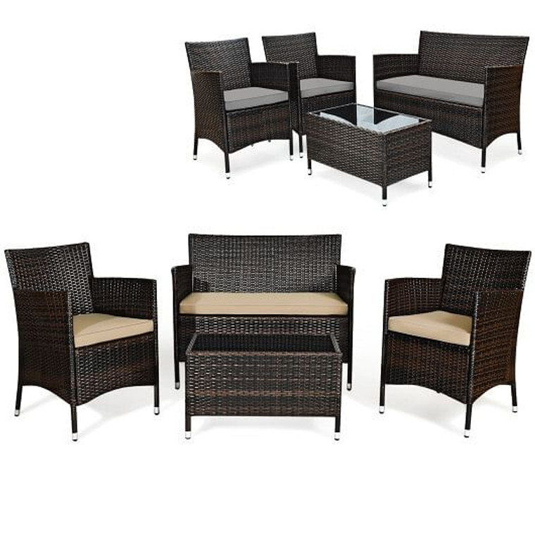 4 Pieces Comfortable Outdoor Rattan Sofa Set with Glass Coffee Table-Beige & Gray - Color: Beige &  D681-HW67772BG