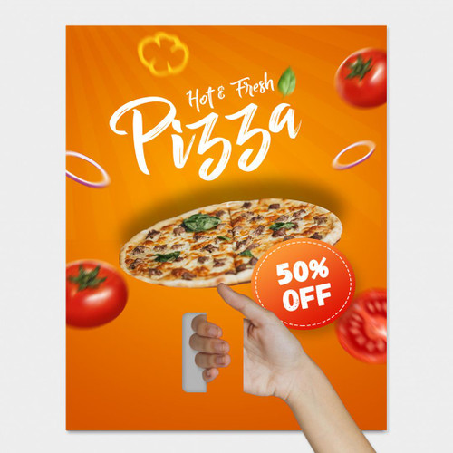 Placard and Protest Boards, advertisement poster for hot and fresh pizza with a 50% off discount, featuring a hand holding the placard with pizza images and promotional text.