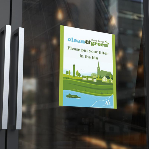 Window Clings, eco-friendly environmental sign encouraging litter bin use with an illustration of a townscape and river, promoting cleanliness and green initiatives.