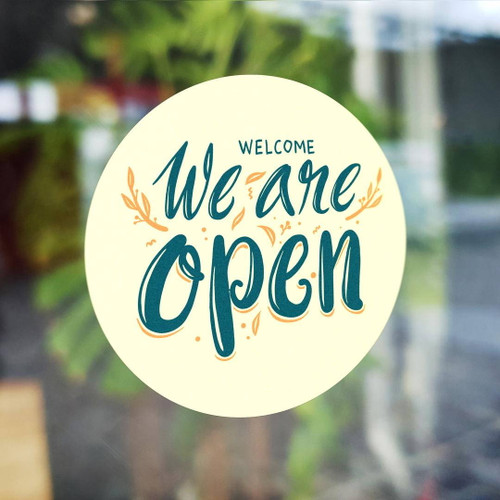 Vinyl Window Stickers, Welcome We Are Open decal on glass door indicating business is open.