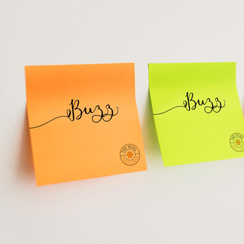 Sticky Notes, two colorful sticky notes (orange and lime green) with 'Buzzz' written on them and a logo at the bottom right corner.