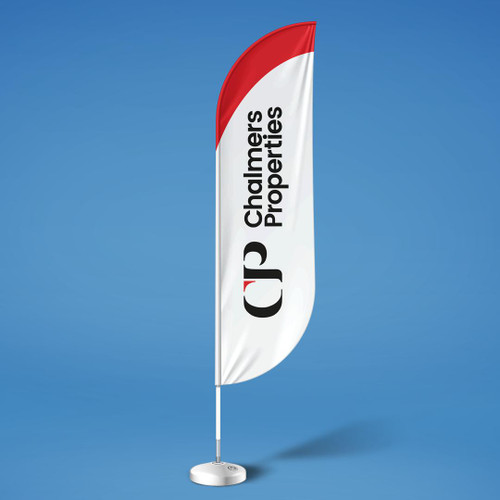 Estate Agent Crest Flag, a feather-shaped outdoor advertising flag with the Chalkhammers Properties logo and branding, set against a clear blue sky.