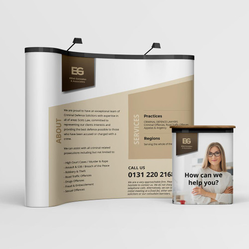 Solicitor Pop up Stands, professional display stands for legal services with printed information and branding for law firms.
