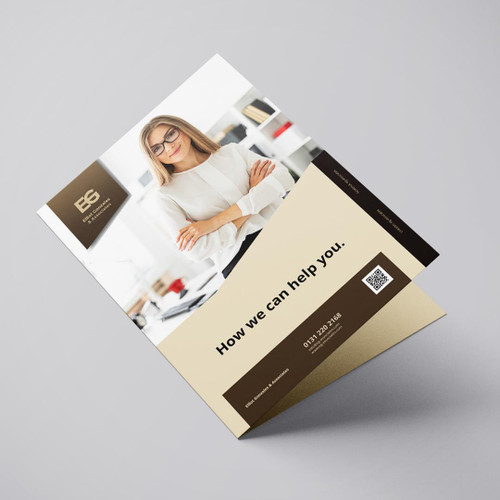 Solicitors Folded Leaflets and Brochures, professional legal services promotional leaflet featuring a confident female solicitor in an office setting with contact information and QR code.