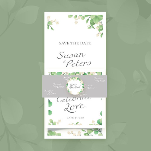 Wedding Belly Bands, floral-themed wedding invitation set with save the date and RSVP cards designed with green leaves and white flowers.