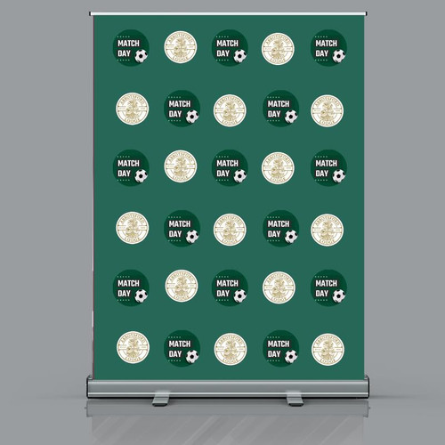 Match Day Backdrop Roller Banner, a green fabric banner featuring a repeated pattern of football-themed logos and text for a sports event.