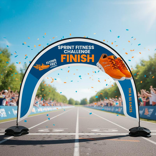 Arch Banners, a promotional arch banner at a race finish line with event details and a pair of orange running shoes, celebrating the sprint fitness challenge event.