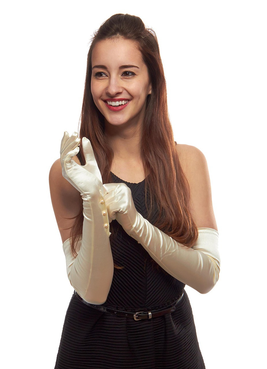Glamorous Gala Satin Opera Length Gloves with Pearlized Buttons Glamorous Gala Satin Opera Length Gloves with Pearlized Buttons