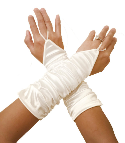White Fingerless Ruched Gloves Back Photo White Fingerless Ruched Gloves Back Photo