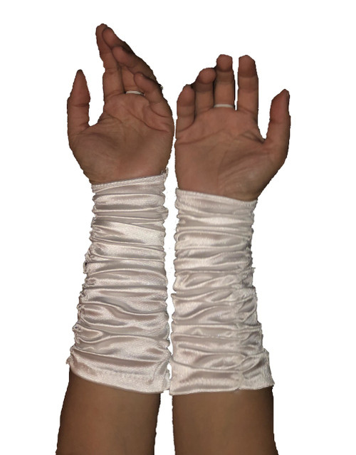 White Fingerless Ruched Gloves Front Photo White Fingerless Ruched Gloves Front Photo