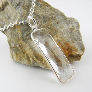 Clear Crystal Quartz Gemstone Necklace with Sterling Silver Bezel from another angle