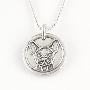 French Bulldog Wax Seal Inspired Necklace on a white background