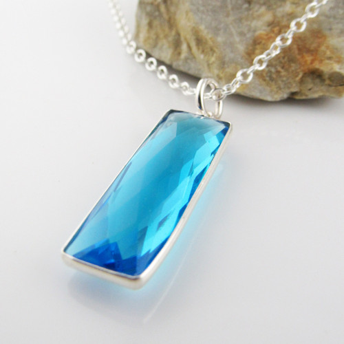 Blue Topaz Quartz Gemstone Necklace with Sterling Silver Bezel