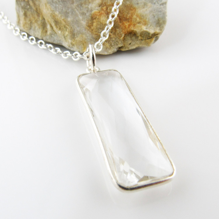 Clear Crystal Quartz Gemstone Necklace with Sterling Silver Bezel