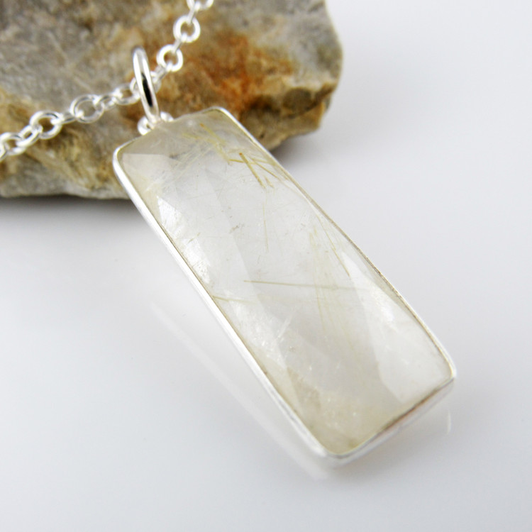 Gold Rutilated Quartz Gemstone Necklace with Sterling Silver Bezel