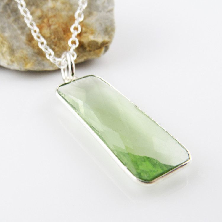 Green Amethyst Quartz Gemstone Necklace with Sterling Silver Bezel