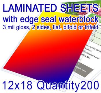 12" x 18" Full Color Print, 200 for $361, with Edge Seal Gloss Lamination. Flat or Folded,