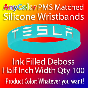 PMS Matched "AnyColor" Silicone Wristbands, 100 to 10000 from $105, Half Inch Width, Custom Deboss with Ink Fill,