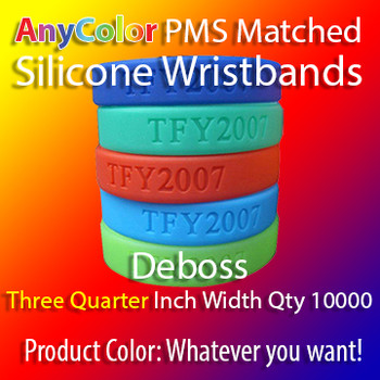 PMS Matched "AnyColor" Silicone Wristbands, 10000 for $2148, Three Quarter Inch Width, Custom Deboss, PMS Matched "AnyColor" Silicone Wristbands, 10000 for $2148, Three Quarter Inch Width, Custom Deboss,