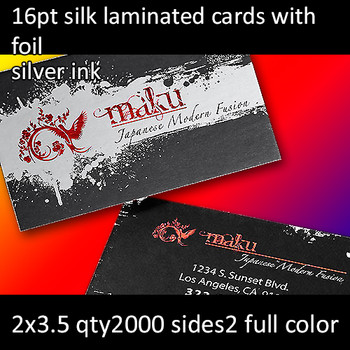 16Pt Silk Laminated Cards with Foil and Silver Metallic Inks Full Color Both Sides 2x3.5 Quantity 2000 16Pt Silk Laminated Cards with Foil and Silver Metallic Inks Full Color Both Sides 2x3.5 Quantity 2000