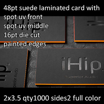 48Pt Suede Laminated Cards with High Gloss Spot UV Front and Middle 16Pt Die Cut and Painted Edges Full Color Both Sides 2x3.5 Quantity 1000 48Pt Suede Laminated Cards with High Gloss Spot UV Front and Middle 16Pt Die Cut and Painted Edges Full Color Both Sides 2x3.5 Quantity 1000
