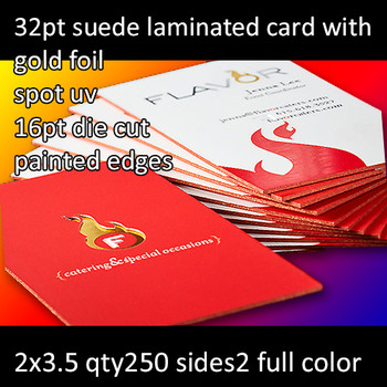 32Pt Suede Laminated Cards with Gold Foil High Gloss Spot UV 16Pt Die Cut and Painted Edges Full Color Both Sides 2x3.5 Quantity 250 32Pt Suede Laminated Cards with Gold Foil High Gloss Spot UV 16Pt Die Cut and Painted Edges Full Color Both Sides 2x3.5 Quantity 250