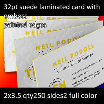 32Pt Suede Laminated Cards with Emboss and Painted Edges Full Color Both Sides 2x3.5 Quantity 250 32Pt Suede Laminated Cards with Emboss and Painted Edges Full Color Both Sides 2x3.5 Quantity 250