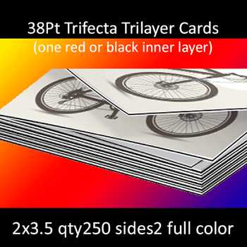 38Pt Trifecta Black or Red Middle Layer Trilayer Cards with Velvet Finish Full Color Both Sides 2x3.5 Quantity 250 38Pt Trifecta Black or Red Middle Layer Trilayer Cards with Velvet Finish Full Color Both Sides 2x3.5 Quantity 250