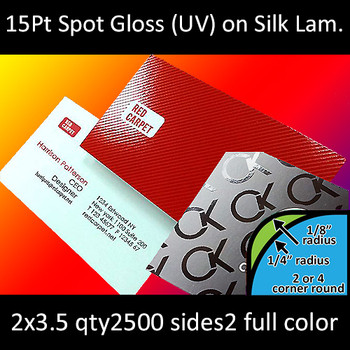 15Pt Silk Laminated Cards with High Gloss Spot UV and Round Corners Full Color Both Sides 2x3.5 Quantity 2500 15Pt Silk Laminated Cards with High Gloss Spot UV and Round Corners Full Color Both Sides 2x3.5 Quantity 2500