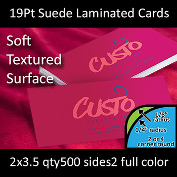 19Pt Suede Laminated Cards with Round Corners Full Color Both Sides 2x3.5 Quantity 500 19Pt Suede Laminated Cards with Round Corners Full Color Both Sides 2x3.5 Quantity 500