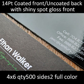 Postcards, Coated Front, Uncoated Back, High Gloss UV Front, Uncoated Back, 14Pt, 4x6, 2 sides, 0500 for $33 Postcards, Coated Front, Uncoated Back, High Gloss UV Front, Uncoated Back, 14Pt, 4x6, 2 sides, 0500 for $33