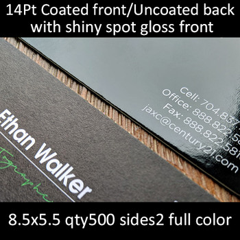 Postcards, Coated Front, Uncoated Back, High Gloss UV Front, Uncoated Back, 14Pt, 8.5x5.5, 2 sides, 0500 for $54 Postcards, Coated Front, Uncoated Back, High Gloss UV Front, Uncoated Back, 14Pt, 8.5x5.5, 2 sides, 0500 for $54