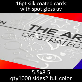 Postcards, Coated, Silk, Partial High Gloss UV, 16Pt, 5.5x8.5, 2 sides, 1000 for $232 Postcards, Coated, Silk, Partial High Gloss UV, 16Pt, 5.5x8.5, 2 sides, 1000 for $232