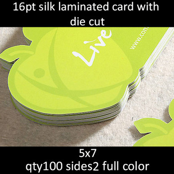 Postcards, Laminated, Silk, Round Corners, Die Cut, 16Pt, 5x7, 2 sides, 0100 for $110 Postcards, Laminated, Silk, Round Corners, Die Cut, 16Pt, 5x7, 2 sides, 0100 for $110