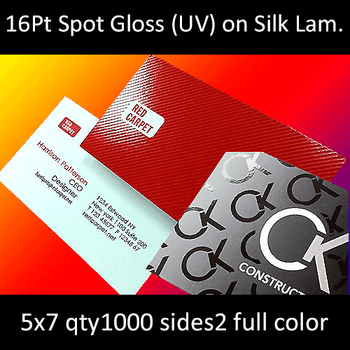 Postcards, Laminated, Silk, Partial High Gloss UV, 16Pt, 5x7, 2 sides, 1000 for $168 Postcards, Laminated, Silk, Partial High Gloss UV, 16Pt, 5x7, 2 sides, 1000 for $168