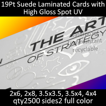 Postcards, Laminated, Suede, Partial High Gloss UV, 19Pt, 2x6, 2x8, 3.5x3.5, 2 sides, 2500 for $245 Postcards, Laminated, Suede, Partial High Gloss UV, 19Pt, 2x6, 2x8, 3.5x3.5, 2 sides, 2500 for $245