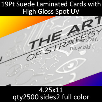 Postcards, Laminated, Suede, Partial High Gloss UV, 19Pt, 4.25x11, 2 sides, 2500 for $668 Postcards, Laminated, Suede, Partial High Gloss UV, 19Pt, 4.25x11, 2 sides, 2500 for $668
