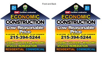 Contour cut double sided house shaped coroplast signs, qty 80, 24x24, no H-frames Contour cut double sided house shaped coroplast signs, qty 80, 24x24, no H-frames