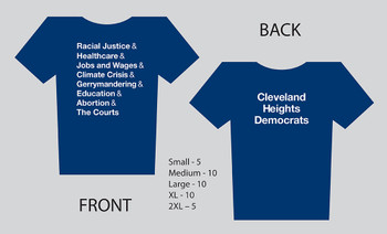 Forty t-shirts on cobalt blue with white print both sides, 100 4x6 gloss vinyl stickers, 100 3 inch round buttons