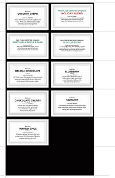 Approx. 250 laminated coffee identifiers - printed on 65lb cover with 3 mil gloss and eighth inch edge seal, ship Approx. 250 laminated coffee identifiers - printed on 65lb cover with 3 mil gloss and eighth inch edge seal, ship