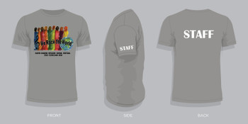 Eighteen full color front and one color back and sleeve STAFF t-shirts, transaction fee Eighteen full color front and one color back and sleeve STAFF t-shirts, transaction fee