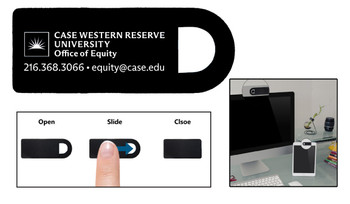Two-hundred fifty each of webcam covers, clip-on antibacterial lotion, 3" round vinyl stickers, and business cards magnets, all with new equity cwru logo and new blue color Two-hundred fifty each of webcam covers, clip-on antibacterial lotion, 3" round vinyl stickers, and business cards magnets, all with new equity cwru logo and new blue color