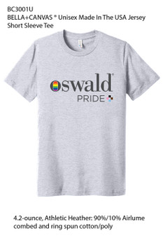 Fifty athletic heather Bella + Canvas t-shirts with the Oswald Pride logo, tax,delivery