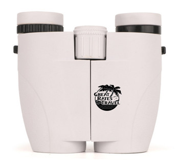 One-hundred compact adult binoculars with black imprint, 75 gray, 25 blue, ocean transport