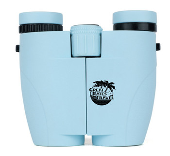 One-hundred compact adult binoculars with black imprint, 75 gray, 25 blue, ocean transport