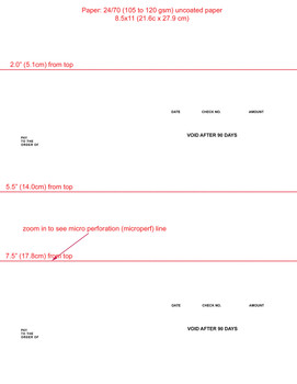 5000 8.5x11 24# Watermark High Security Checks Printed 1/1 with black ink 3 horizontal micro-perforations @ 2, 5.5, 7.5 from top, ship