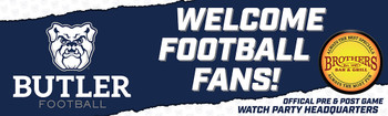 Butler Football Watch Party Banner, 18oz 120x36", single sided, grommets, standard windslits and 5/16" rope top and bottom, ship